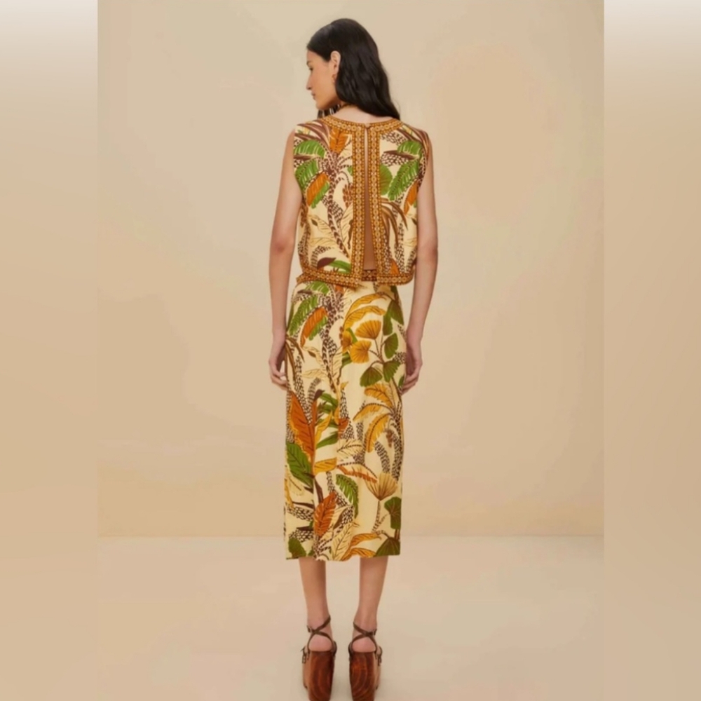 FARM RIO SAND FOLIAGE SKETCH MIDI SKIRT MEDIUM NEW NWT - Picture 2 of 15